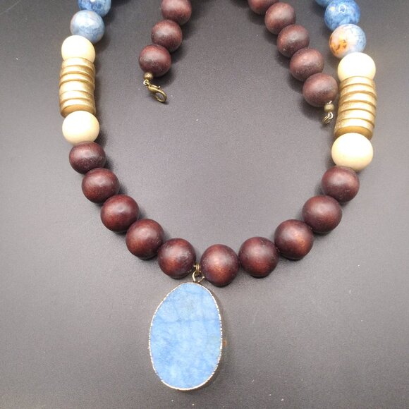 Wood Beads with Copper Blue Beads and Blue Stone Pendant - Picture 1 of 6